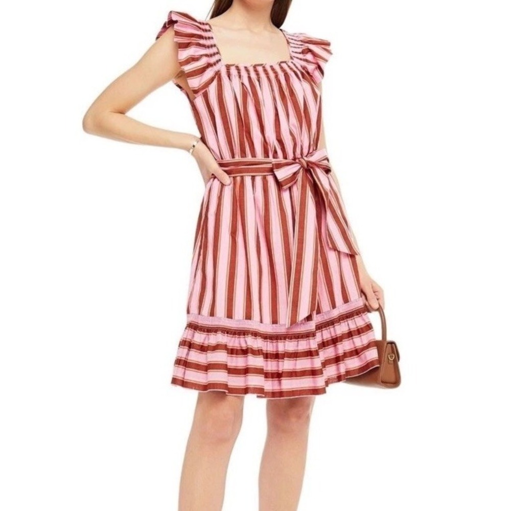 Kate Spade Calais Pink Stripe Flutter Dress Smocked Tie Waist Size XL